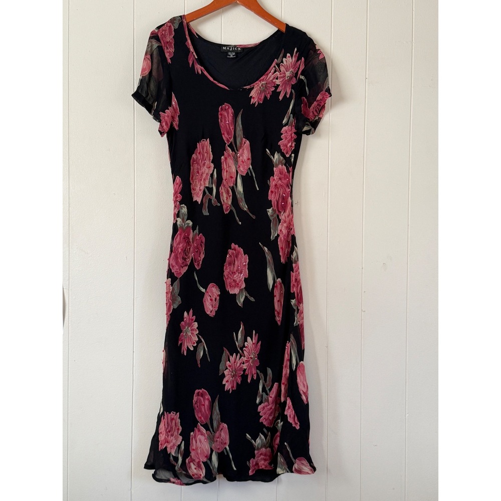 Majick Vintage Womens Fairy Grunge Floral Sequin Sheer Overlay Midi Dress Sz PL